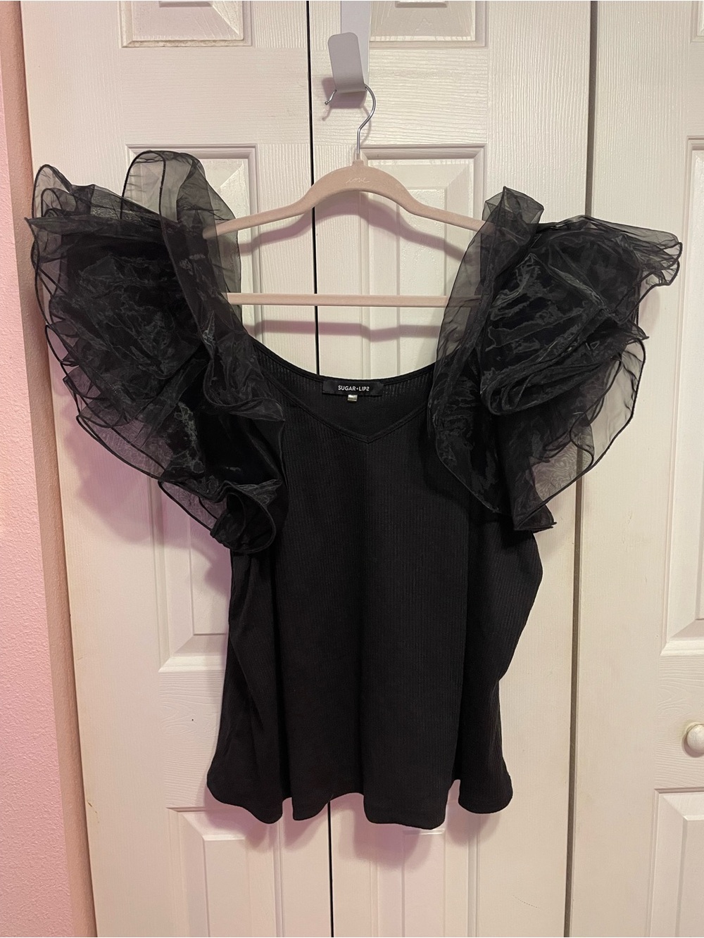 Sugarlips Black Organza Ruffle Sleeve V-Neck Tank